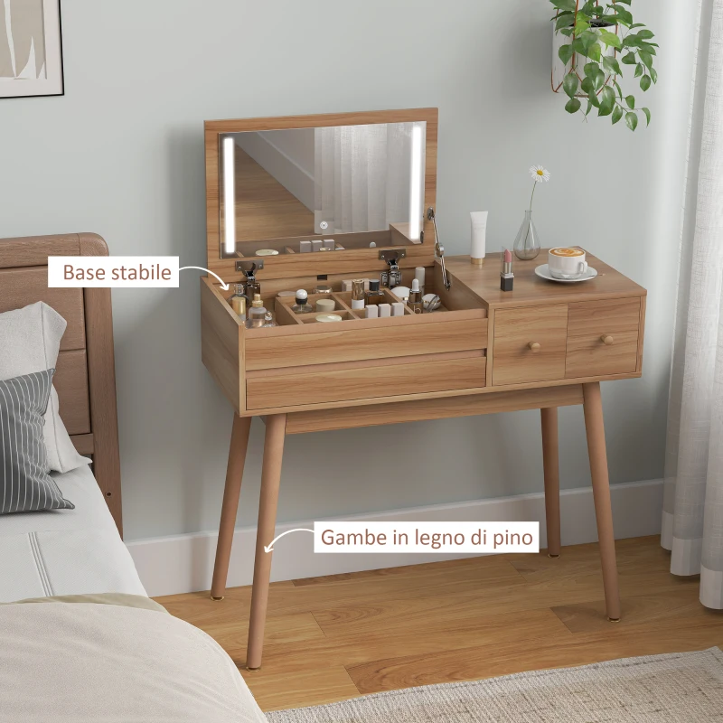 HOMCOM Tavolo da Trucco con Specchio a Luci LED e Spazio Contenitore in Legno, 100x40x87 cm