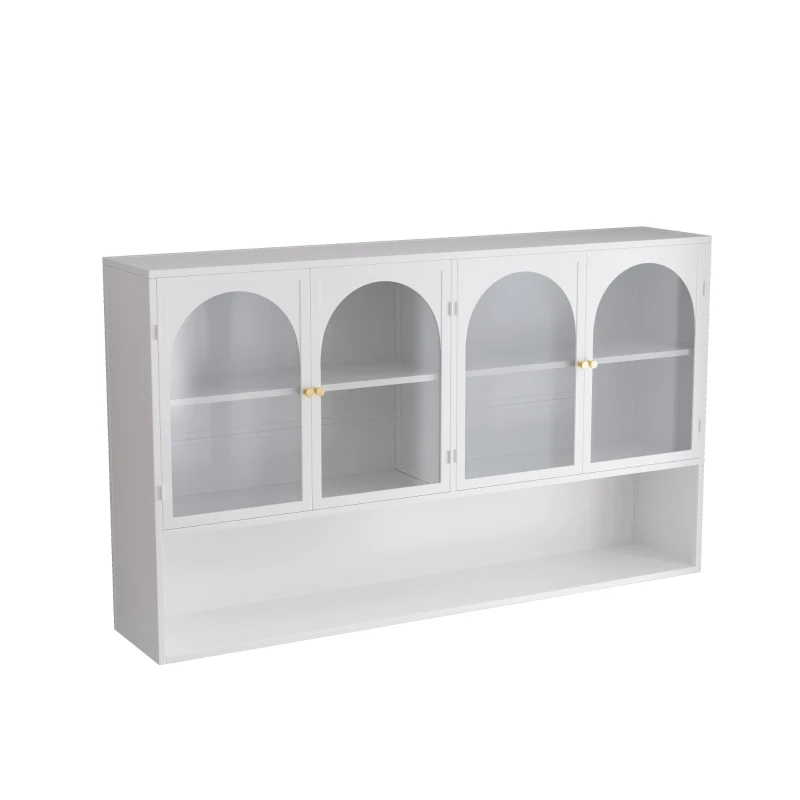 Armoire murale avec quatre portes en verre et étagère, pour cuisine, salon, salle de bain, 120x23x70 cm, Blanc