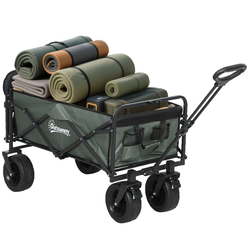 Outsunny Carrello da Giardino da 95L Pieghevole con Pannello Apribile, in Acciaio e Poliestere, 125x48x78-102 cm, Verde