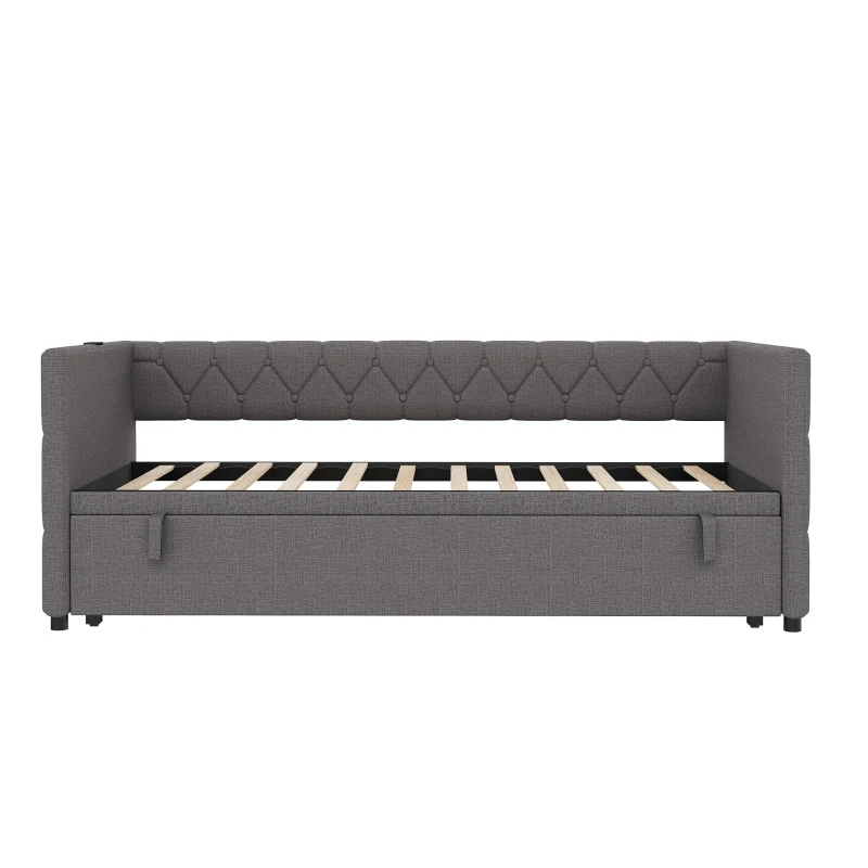 Upholstered Daybed with USB and Type-C Ports, Button-Tufted Pull-out Trundle Bed for Bedroom, Study Room, 206L x 193W x 71H cm, Grey