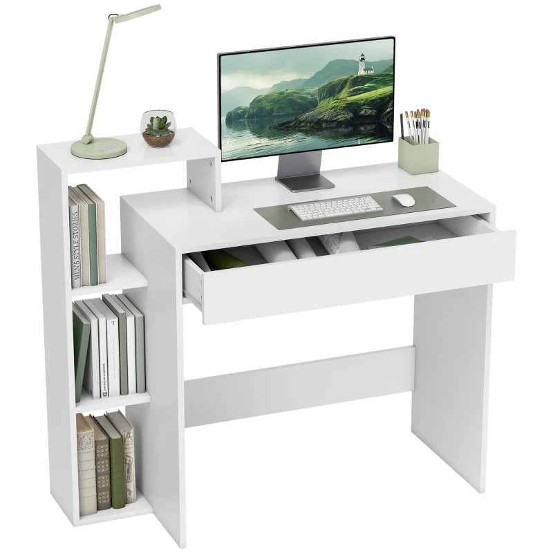 HOMCOM Moderner PC-Schreibtisch mit 3 Offenen Regalen und Schublade, Weißes Holz, 100x40x90 cm
