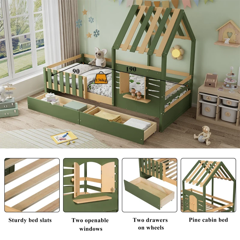 3ft Single Bed with 2 Storage Drawers, Safety Guardrail, Children's Wooden Bed with Faux Roof Design, 197.5L x 97W x 166H cm, Green+Natural