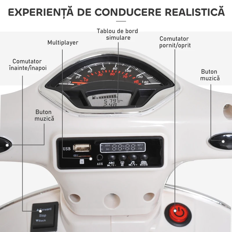 HOMCOM Motocicletă Electrică pentru Copii, 6V cu Muzică, Lumini și Sunete, 102x50,5x75,5 cm, Alb