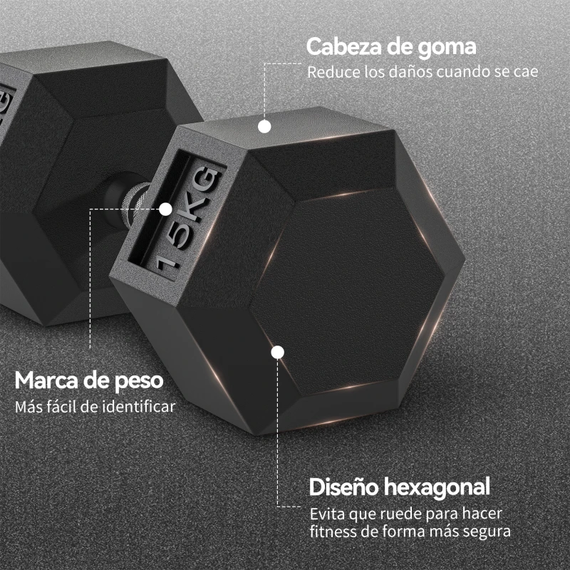 HOMCOM Set de 2 Mancuernas Hexagonales de 2 x 15 kg de Hierro Fundido Recubiertas en Goma para Entrenamiento en Casa Gimnasio