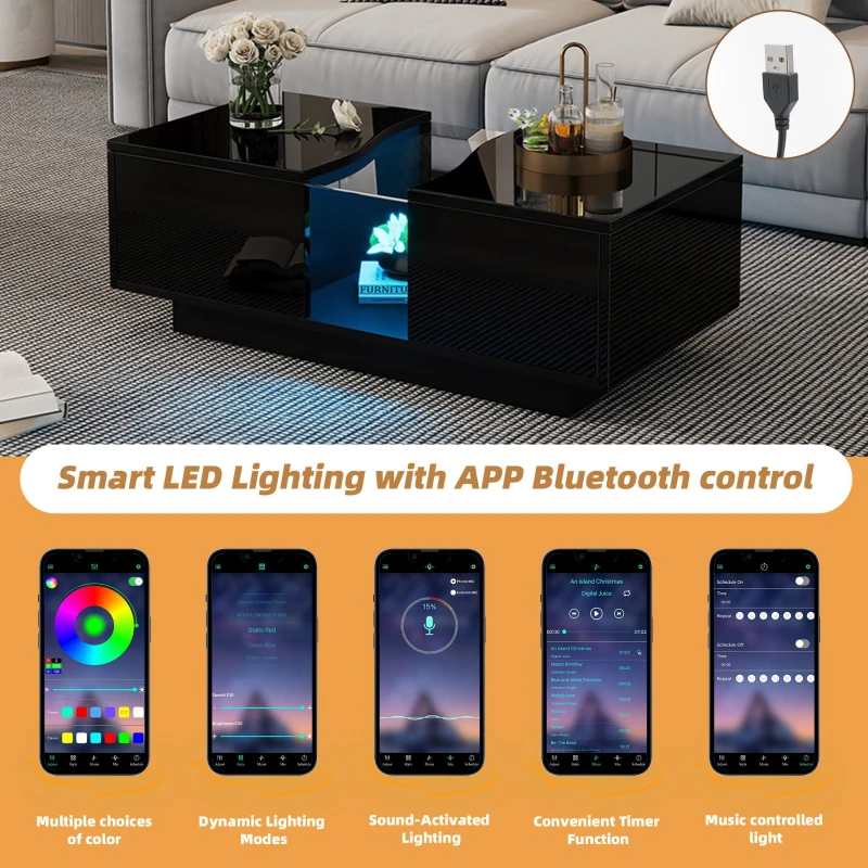 Modern High Gloss Coffee Table with 2 Storage Drawers, Unique Shape Centre Table with Customisable LED Lights, 100L x 50W x 35H cm, Black