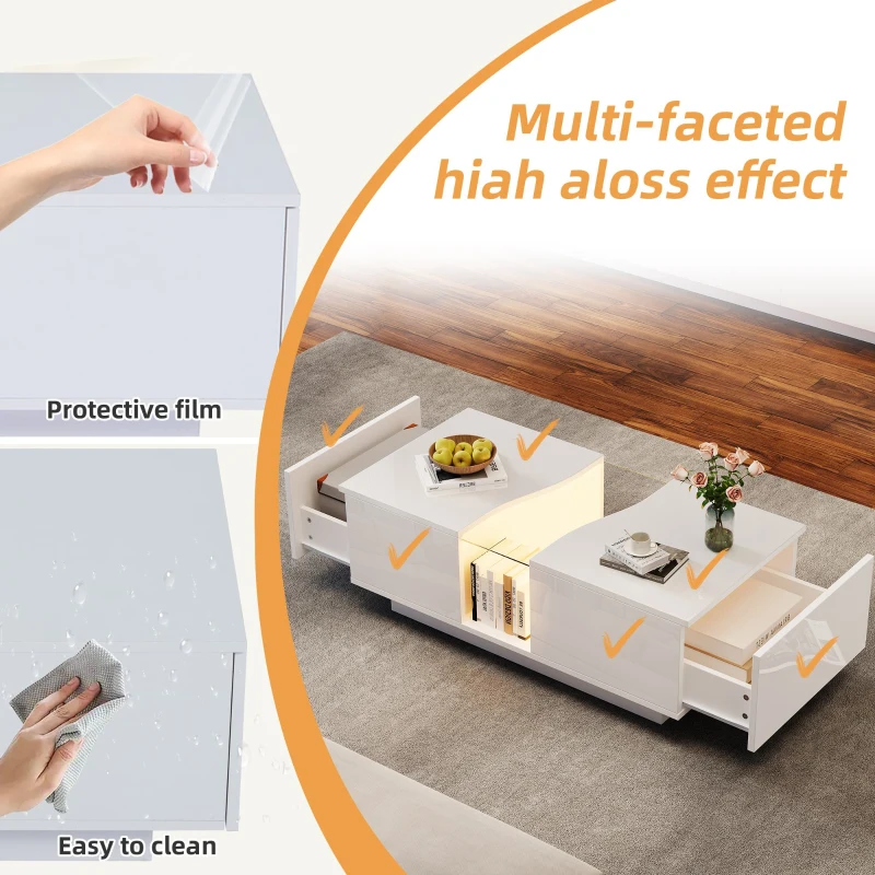 Modern Coffee Table with 2 Storage Drawers, High Gloss Finish, Customisable LED Lights, Ideal for Living Room, 100L x 50W x 35H cm, White