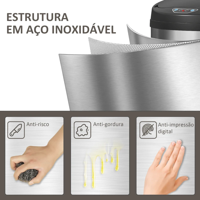 HOMCOM Balde de Lixo de Cozinha Automático 30 L em Aço Inoxidável Sensor Infravermelhos Fecho Automático 32x30,5x51 cm Prata