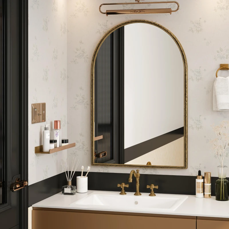 Specchio da parete ad arco con cornice in ferro, specchio da trucco per bagno, 61x2,5x91 cm, Oro