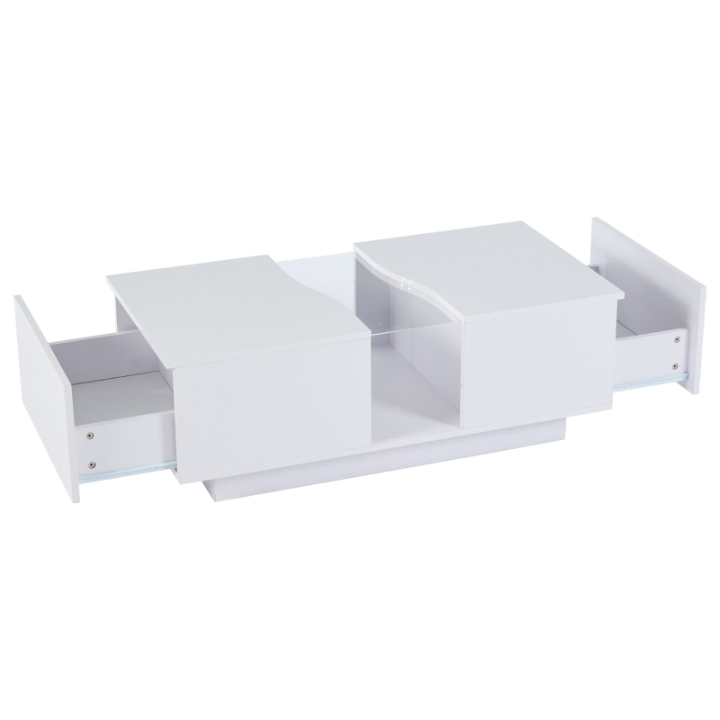 Modern Coffee Table with 2 Storage Drawers, High Gloss Finish, Customisable LED Lights, Ideal for Living Room, 100L x 50W x 35H cm, White