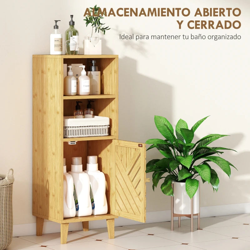 HOMCOM Armario de Baño Estrecho Mueble Auxiliar de Baño con 2 Estantes Abiertos Puerta y Patas de Bambú 32x30x90 cm Natural