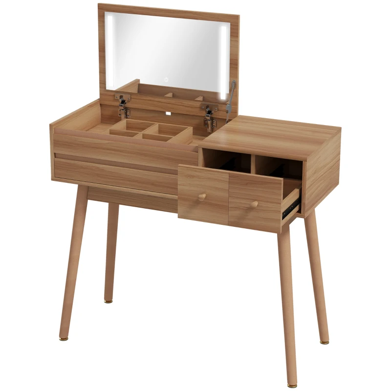 HOMCOM Schminktisch mit LED-Spiegel und Holz-Aufbewahrungsfach, 100x40x87 cm