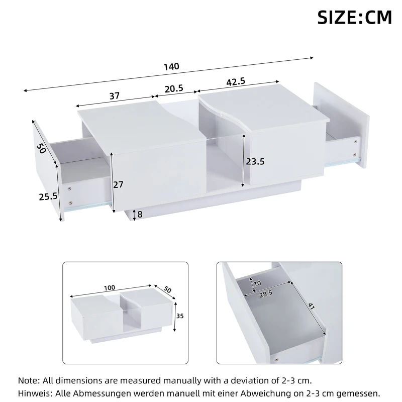 Modern Coffee Table with 2 Storage Drawers, High Gloss Finish, Customisable LED Lights, Ideal for Living Room, 100L x 50W x 35H cm, White