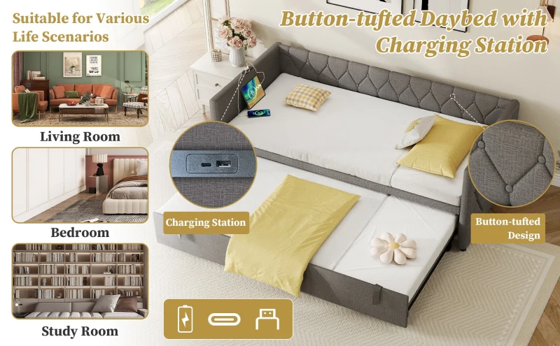Upholstered Daybed with USB and Type-C Ports, Button-Tufted Pull-out Trundle Bed for Bedroom, Study Room, 206L x 193W x 71H cm, Grey