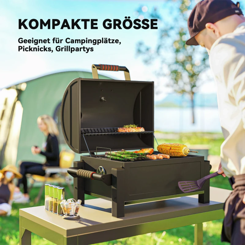 Outsunny Kohlegrill mit Deckel, Warmhalterost, Aschefach, Thermometer, rostfrei, 67 x 53 x 55cm, Schwarz/Rot