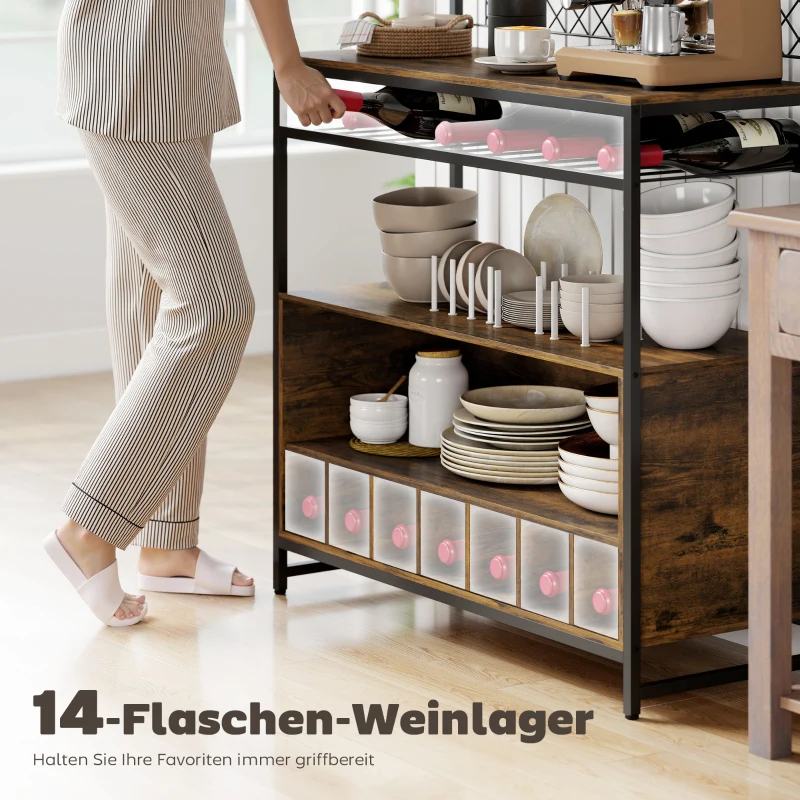 HOMCOM Küchenregal mit Arbeitsfläche, Metallgitterpaneele, 5 Haken, Küchenschrank für Gewürze, Töpfe, Pfannen, Braun(m-5)