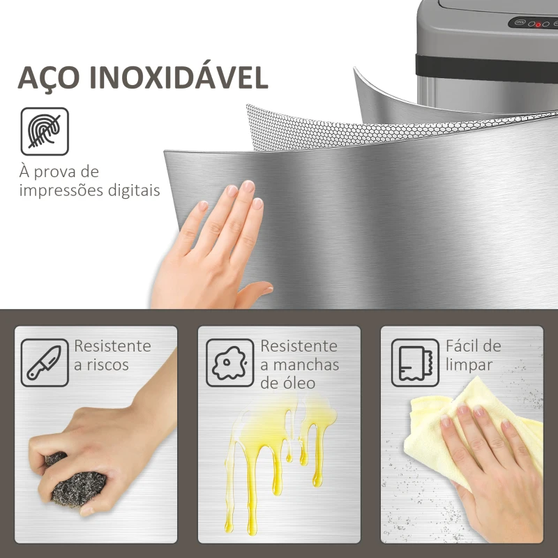HOMCOM Balde de Lixo Automático para Cozinha 48 L Sensor Infravermelho Fechamento Automático Antimarcas Aço Inoxidável 33x25x69 cm Prata