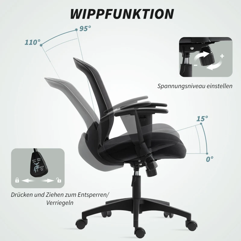 HOMCOM Netz-Bürostuhl, verstellbarer Schreibtischstuhl mit Netzstoff-Rückenlehne, rollbar, mit Kippfunktion, Schwarz(m-7)