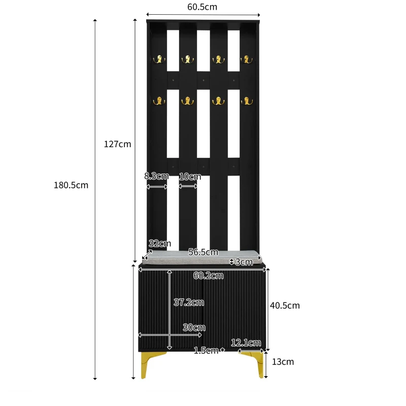Modern Wardrobe Set with Shoe Bench and Cushion, Gold Hooks, Wavy Texture, Elegant Shoe Cabinet with Drawers and Doors, Black