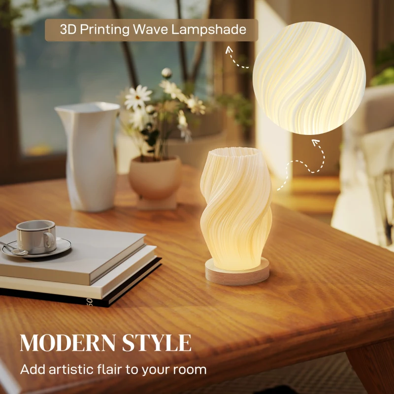 HOMCOM Lampă de Masă cu 3 Culori și 10 Trepte de Luminozitate, din ABS Alb și Lemn