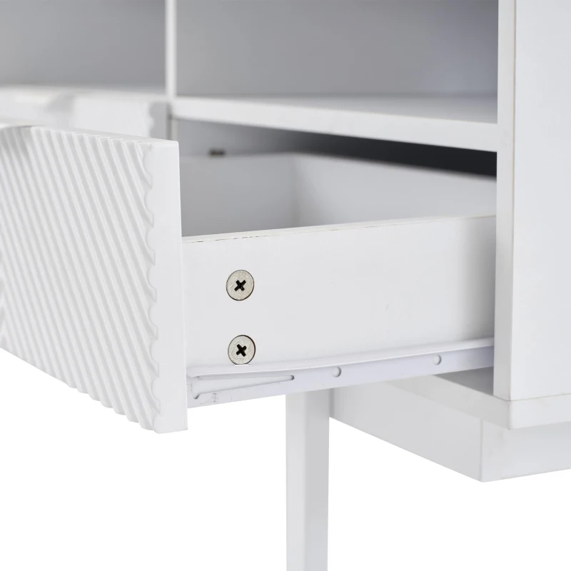 Modern Bohemian TV Entertainment Center with Cabinet and Drawers, Geometric Lines TV Stand for 90 Inch TVs, 200L x 40W x 51H cm, White