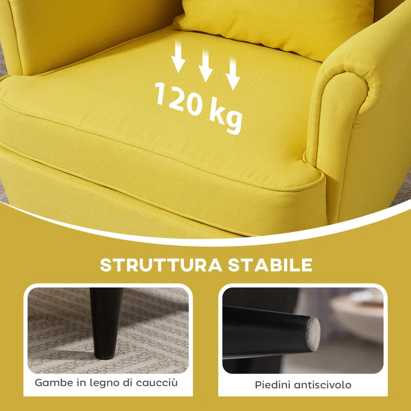 HOMCOM Poltrona con Poggiapiedi in Stile Contemporaneo, in Tessuto Effetto Lino e Legno di Caucciù, 75x83x104 cm, Giallo