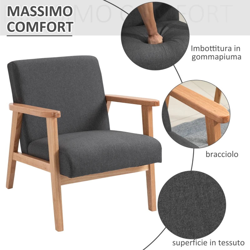HOMCOM Poltrona per Salotto Stile Vintage Imbottita con Braccioli in Legno, 68.5x78.5x75 cm, Grigio Scuro