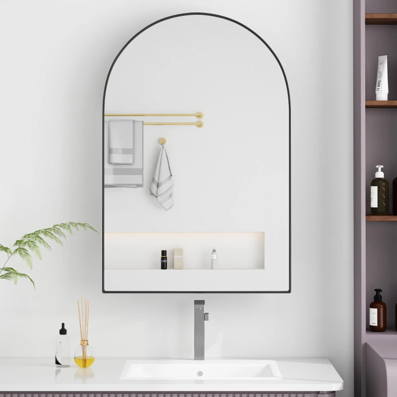 Armoire murale avec miroir arqué et cadre en métal, pour salle de bain, salon et chambre, 91x61x12 cm, Noir