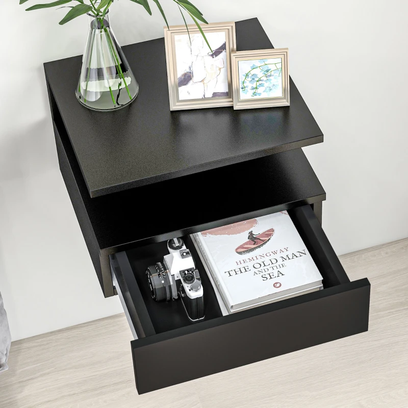 HOMCOM Lot de 2 Tables de Chevet murales - Lot de 2 Tables de Nuit - tiroir Coulissant, Niche, Plateau - Panneaux Particules Noir