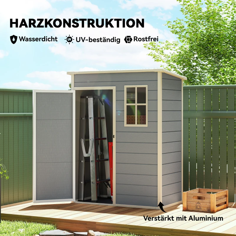 Outsunny Gerätehaus Kunststoff 1,14m² 151 x 92 x 193cm Geräteschuppen mit Pultdach Boden Fenster Grau(m-5)