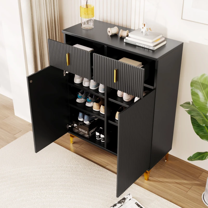 Elegant Sideboard with Adjustable Shelves, Gold-Plated Details, Shoe Cabinet with Push-to-Open Design, 83L x 35W x 101H cm, Black