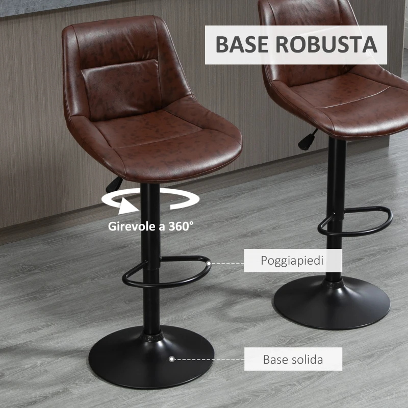 HOMCOM Set 2 Sgabelli da Bar Vintage in Finta Pelle Marrone con Poggiapiedi e Base Rotonda, 46.5x50x88-108 cm