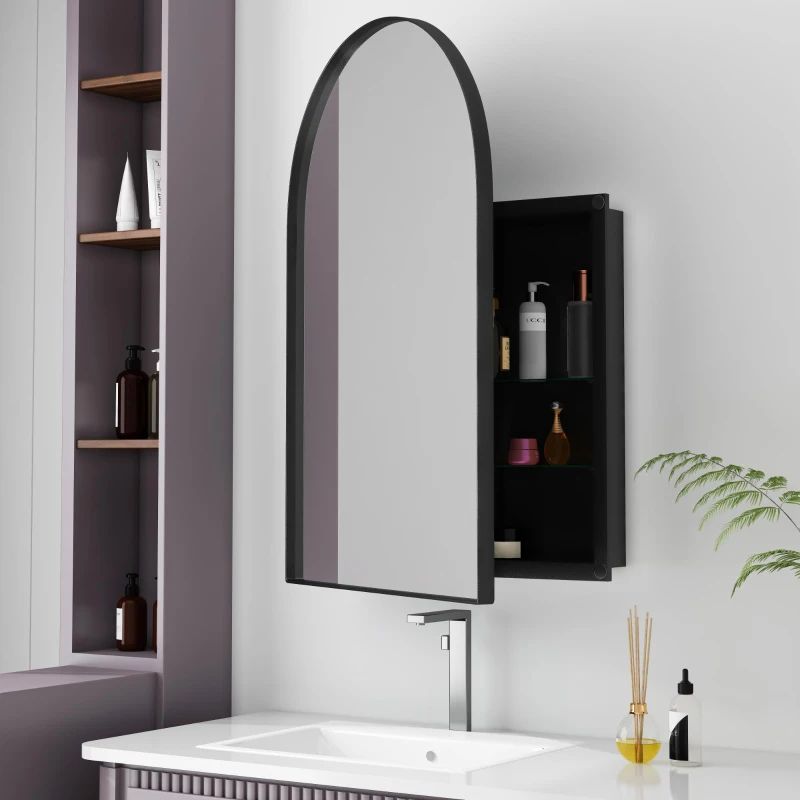 Armadietto a specchio ad arco con cornice in metallo, per bagno, soggiorno e camera da letto, 91x61x12 cm, Nero