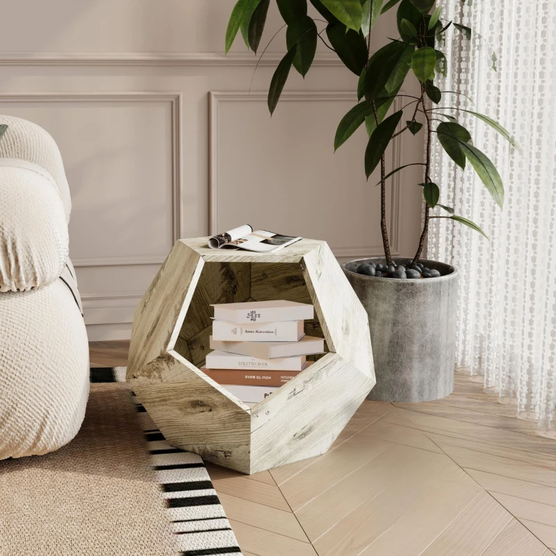 Niche pour chat polygonale avec veinure de bois, table d'appoint pour le canapé, 66x66x53 cm, Blanc chêne