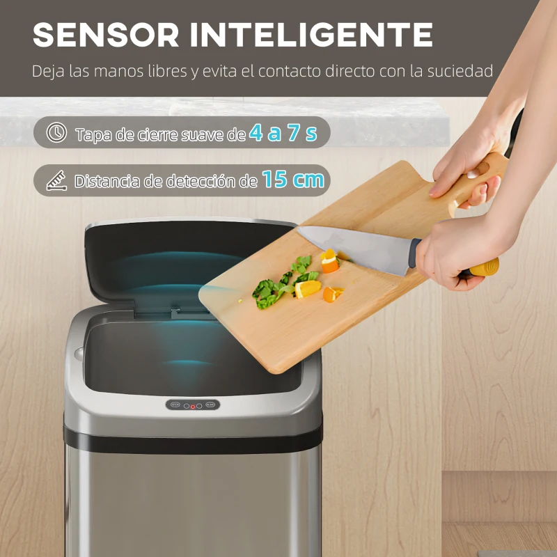 HOMCOM Cubo de Basura Cocina Automático 48 L Sensor Infrarrojo Cierre Automático Antihuellas Acero Inoxidable Plata
