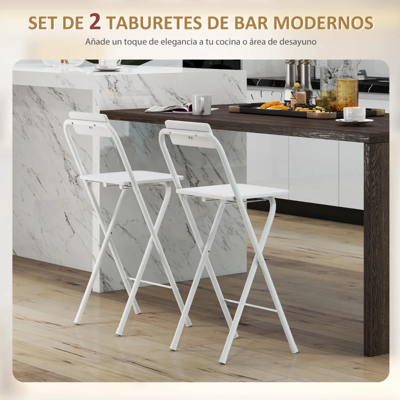 HOMCOM Juego de 2 Taburetes de Bar Plegables con Respaldo Reposapiés y Marco de Acero para Comedor Mostrador Blanco