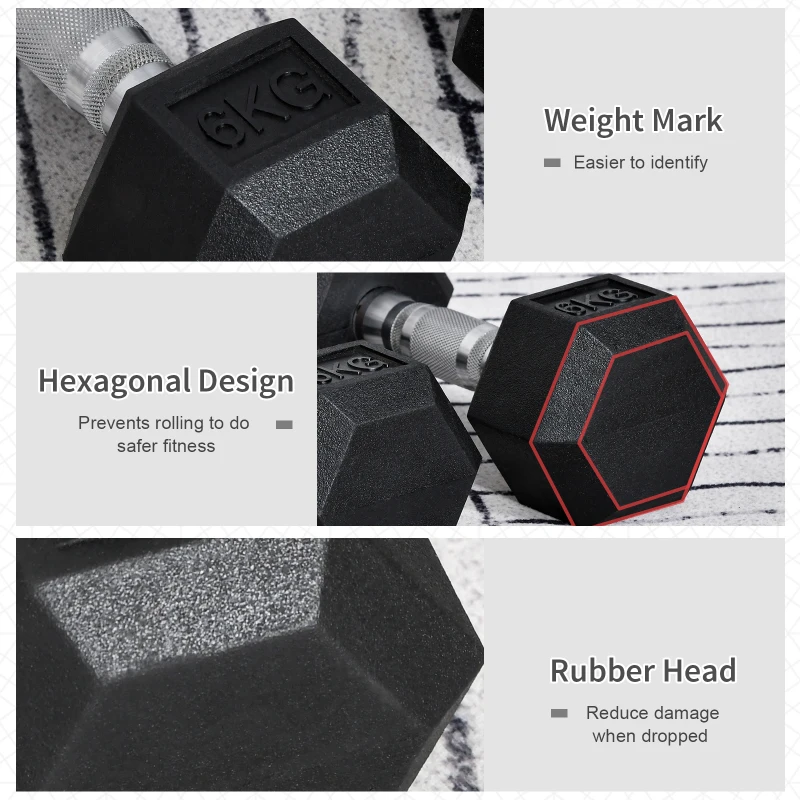 HOMCOM Rubber Hexagonal Dumbbell Set,2 pcs x 6 kg