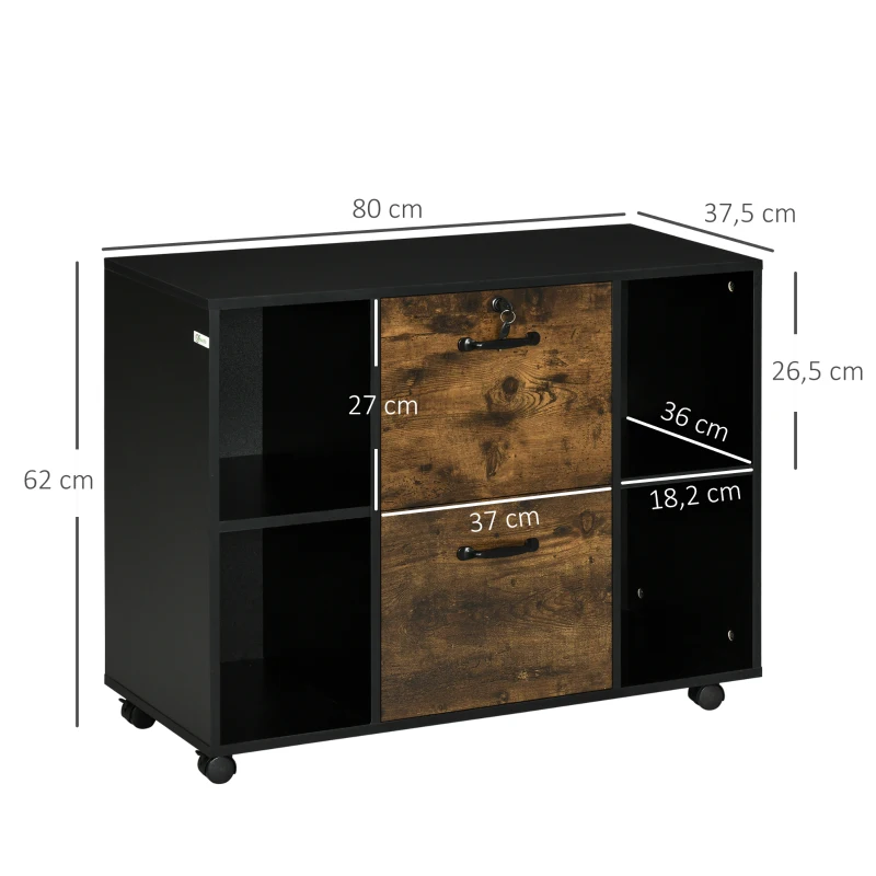 Vinsetto Armário para Impressora com Rodas e 2 Gavetas Fechadura e Prateleiras Abertas 90x3,5x68,5 cm Castanho Rústico e Preto