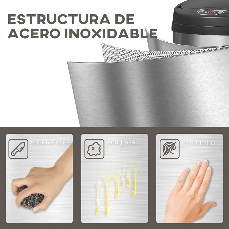 HOMCOM Cubo de Basura Cocina Automático 30 L Sensor Infrarrojo Cierre Automático Antihuellas Acero Inoxidable Plata