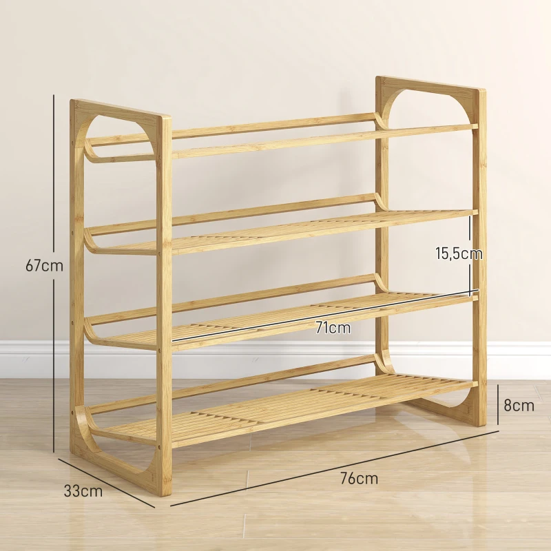 HOMCOM Étagère à chaussures à 4 niveaux, rangement chaussures 12 paires au design à lattes, bambou, 76x33x67cm, bois naturel