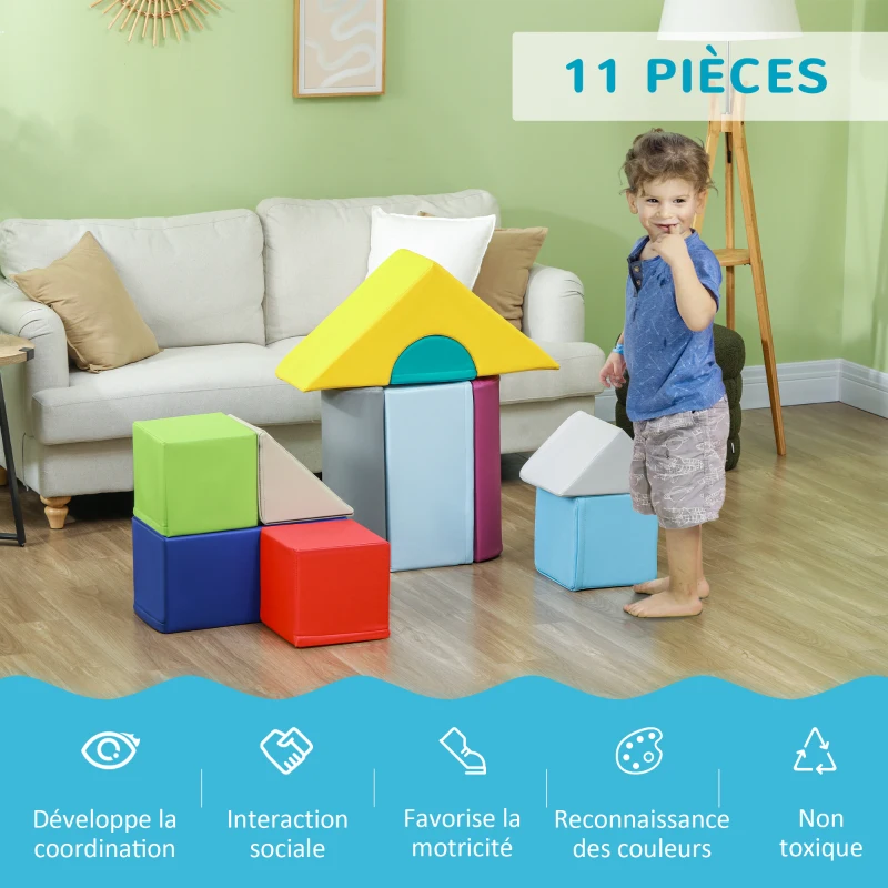 HOMCOM Parcours de motricité bébé 11PCS, module motricité bébé en mousse avec housse en polyuréthane et remplissage en EPE, multicolore
