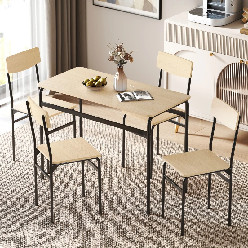 HOMCOM Set de Comedor 5 Piezas con Mesa Rectangular y 4 Sillas de Comedor, en Madera y Metal, Negro y Color Madera