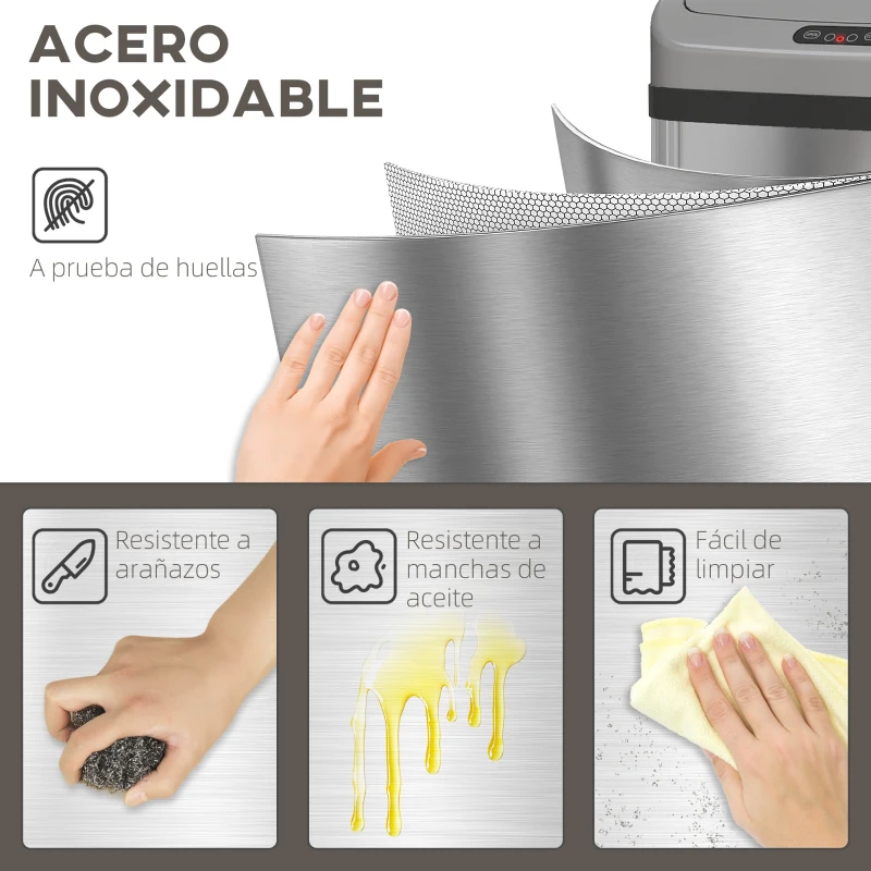 HOMCOM Cubo de Basura Cocina Automático 48 L Sensor Infrarrojo Cierre Automático Antihuellas Acero Inoxidable Plata
