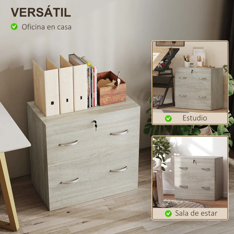 Vinsetto Cajonera de Escritorio con 2 Cajones con Guías para Carpetas Colgantes para A4 Cerradura y 2 Llaves 77x42x72 cm Natural