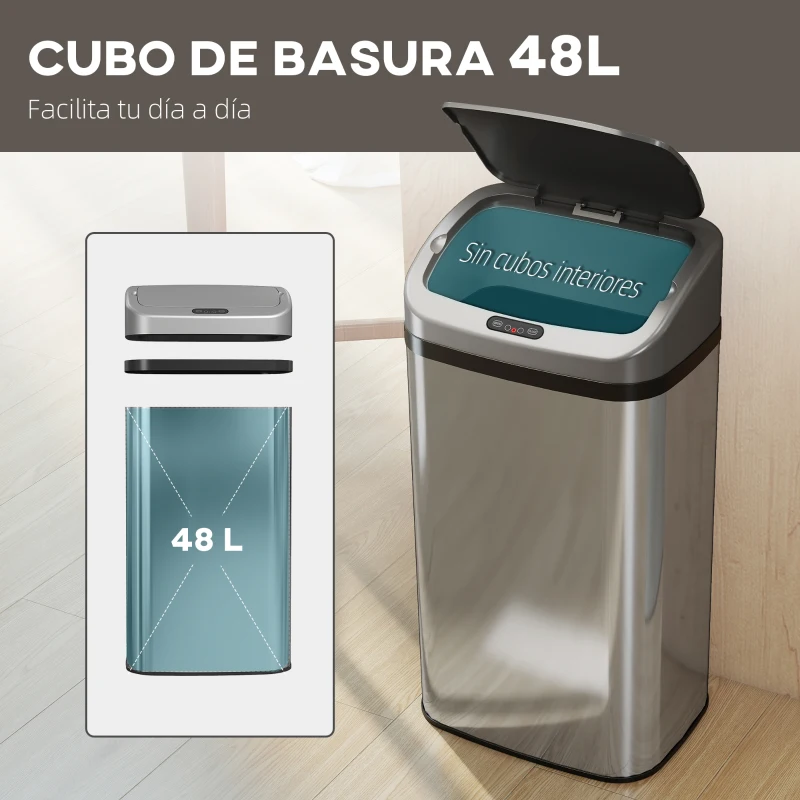 HOMCOM Cubo de Basura Cocina Automático 48 L Sensor Infrarrojo Cierre Automático Antihuellas Acero Inoxidable Plata