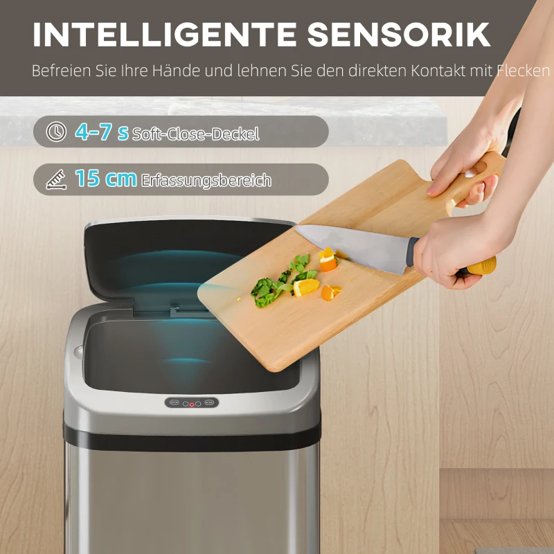 HOMCOM 48 L Sensor-Prullenbak voor Keuken of Kantoor, Automatische Sluitfunctie, Roestvrij Staal, Zilverkleurig