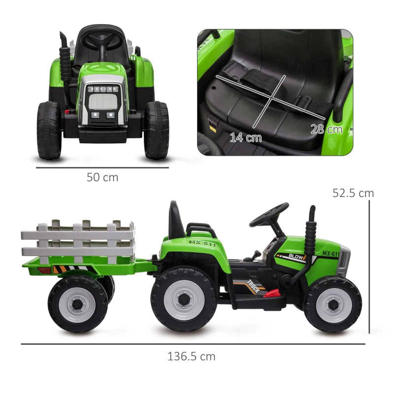HOMCOM Elektrische kinderauto, kindertractor, inclusief ouderlijke afstandsbediening, maximale snelheid van 6 km/u, groen + zwart(m-3)