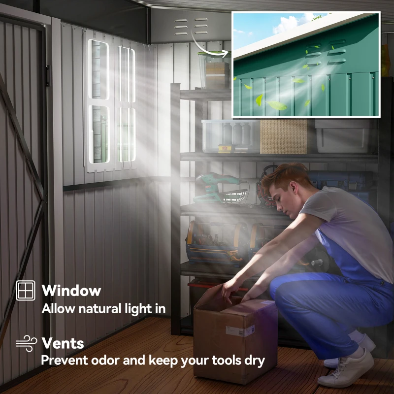 Outsunny 8.5 x 6ft Storage Shed Galvanised Steel Garden Shed, Metal Shed with Foundation Kit, Window, Lockable Wide Doors and Air Vents for Outdoor Patio, Green