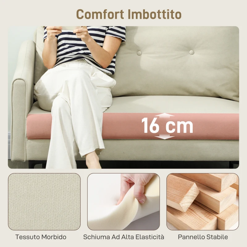 HOMCOM Divano 2 Posti Moderno con Schienale Trapuntato a Bottoni e Rivestimento in Velluto, 124x73x92 cm, Crema