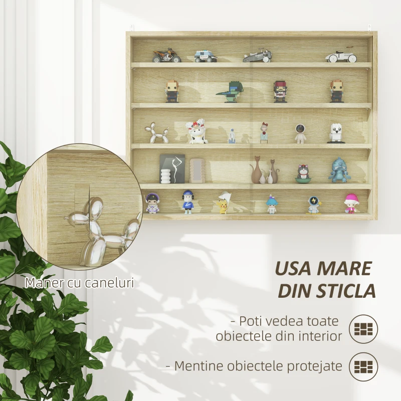 HOMCOM Vitrină Culoarea Lemnului cu 5 Rafturi Reglabile și Uși din Sticlă