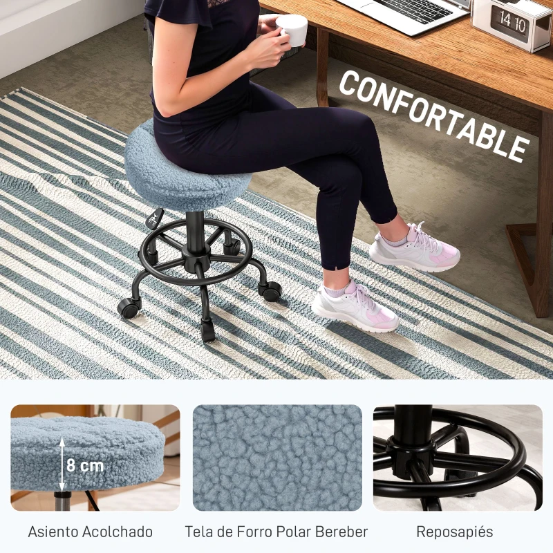 HOMCOM Taburete Giratorio Redondo Taburete con Ruedas Altura Regulable 50-66 cm Asiento Tapizado en Tejido de Borreguito Azul